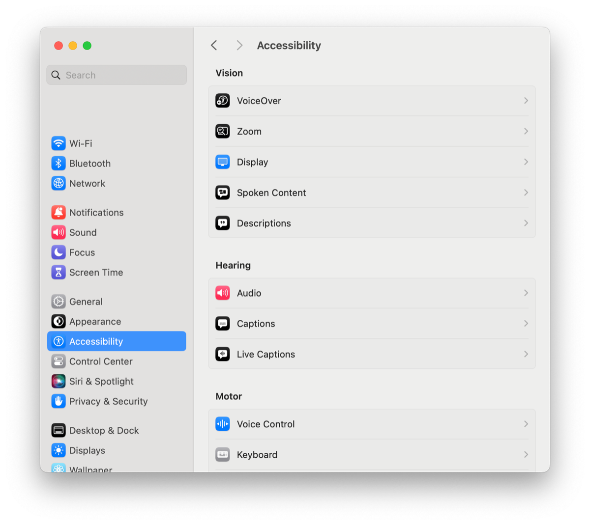 System Settings with Accessibility selected and Display highlighted