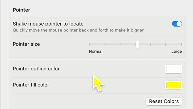Yellow Mac pointer next to the yellow Pointer fill color setting