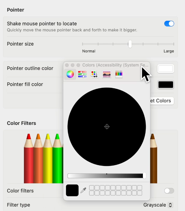 The Colors window open for Pointer fill color