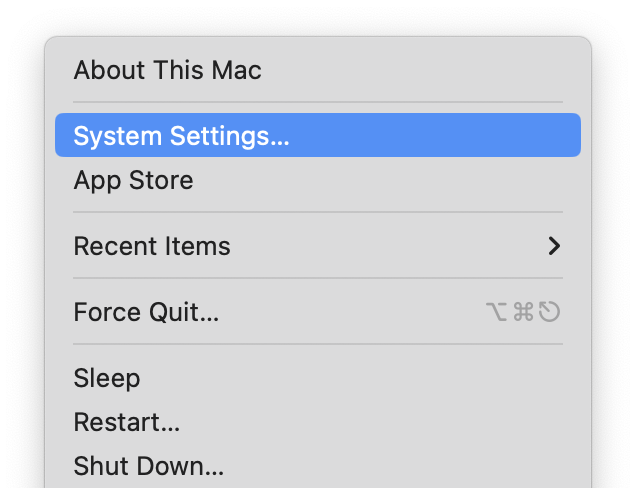 Apple menu open with System Settings highlighted