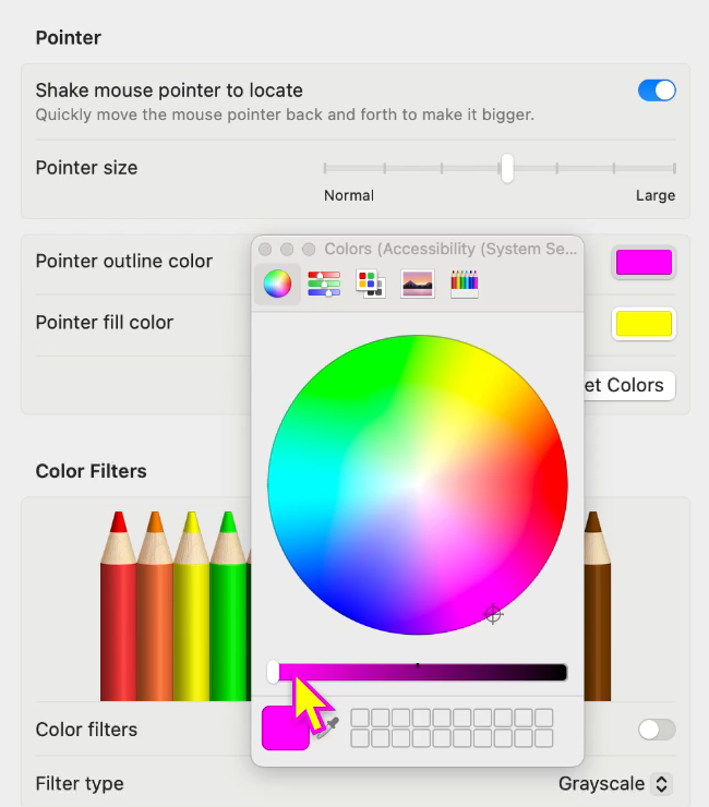 The Colors window open for Pointer outline color, set to magenta