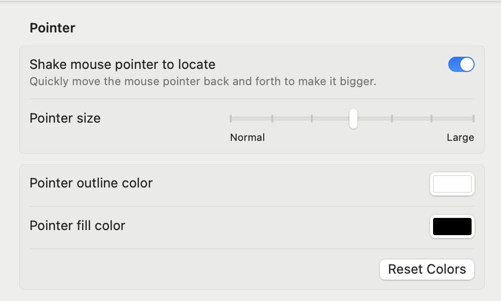The Pointer section of Accessibility Display settings