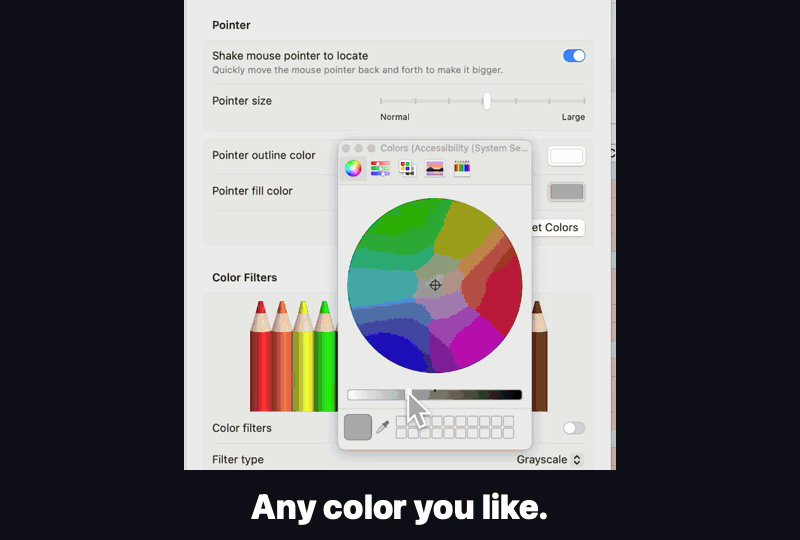 The Mac pointer changing color, then growing huge with a shake